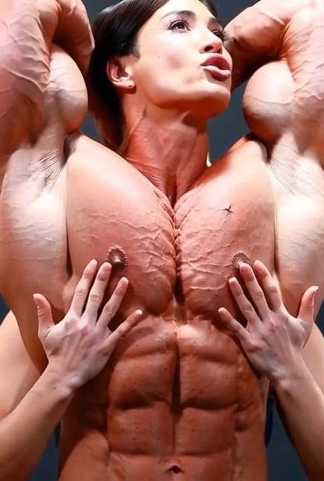 Wild lesbian orgy around her naked roided muscles