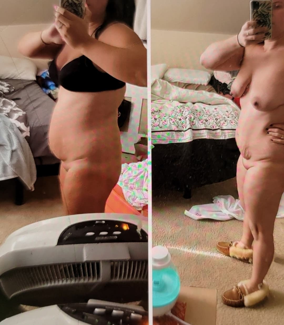 Left pic 3 weeks after giving birth  right pic 2 months after