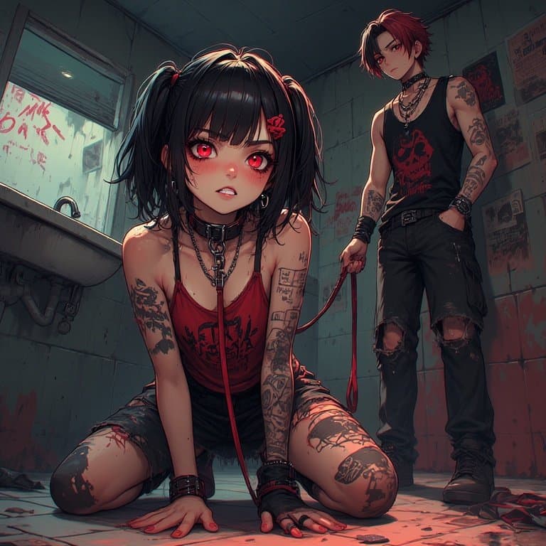 AI Generated Leashed Emo Girl Bathroom Session - Anime
