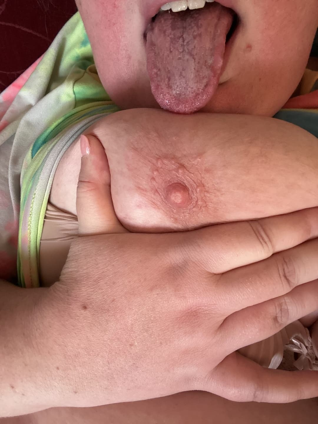 Huge tit bbw licking my tit and rubbing my messy pussy