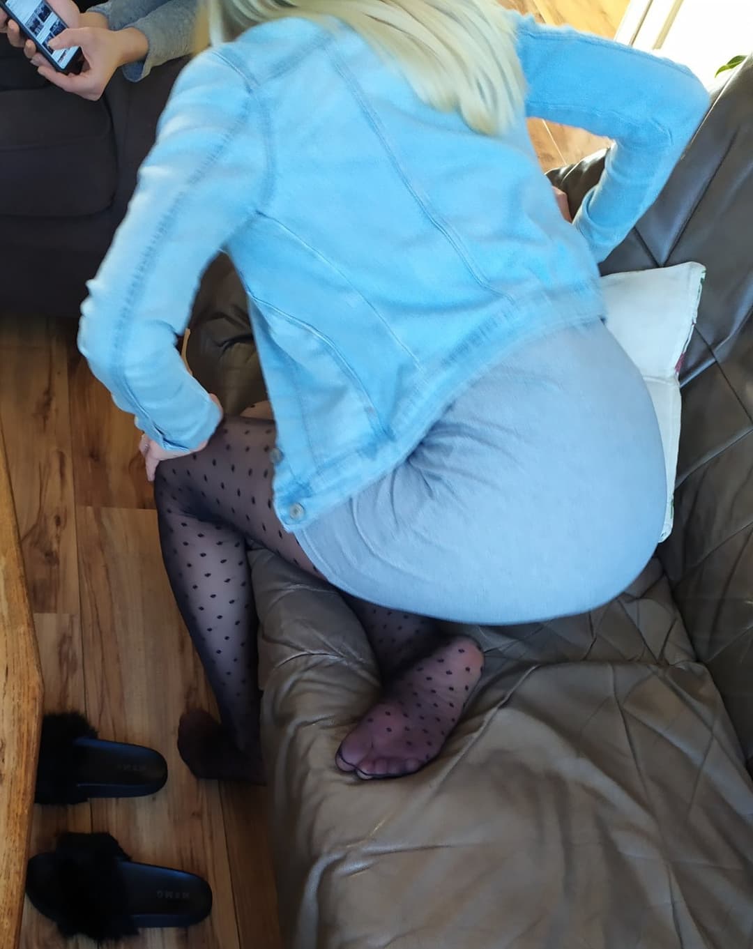 my wife best friend is Hot long legs Blonde with sexy feet in black pantyhose visit us creep shot