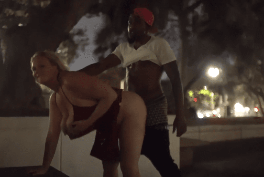 black bull with curvy white big girl on public plan on road sex