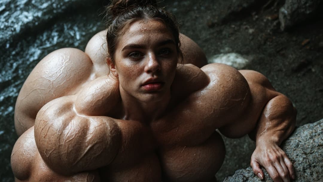 Outrageous bodybuilding nudism, naked hypertrophic muscles in the nature