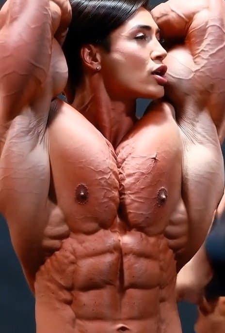 Wild lesbian orgy around her naked roided muscles