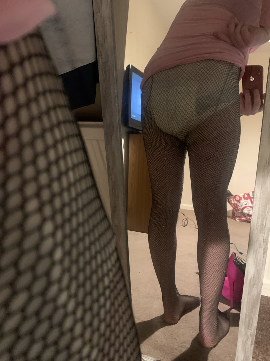 My obedient sissy posing for me behind his gfs back