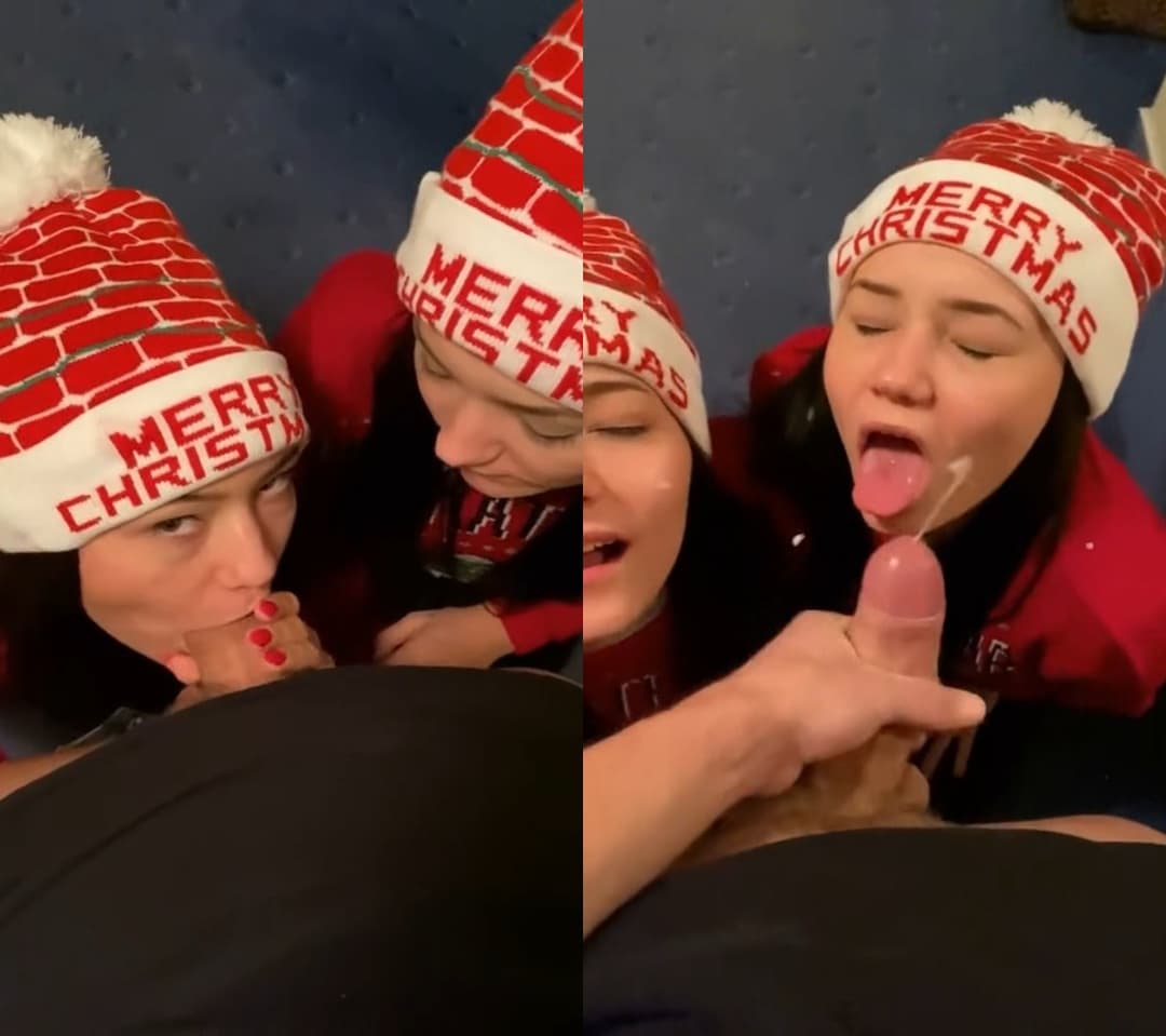 Sisters Give Their Christmas Present | threesome ffm blowjob sucking balls cumshot facial