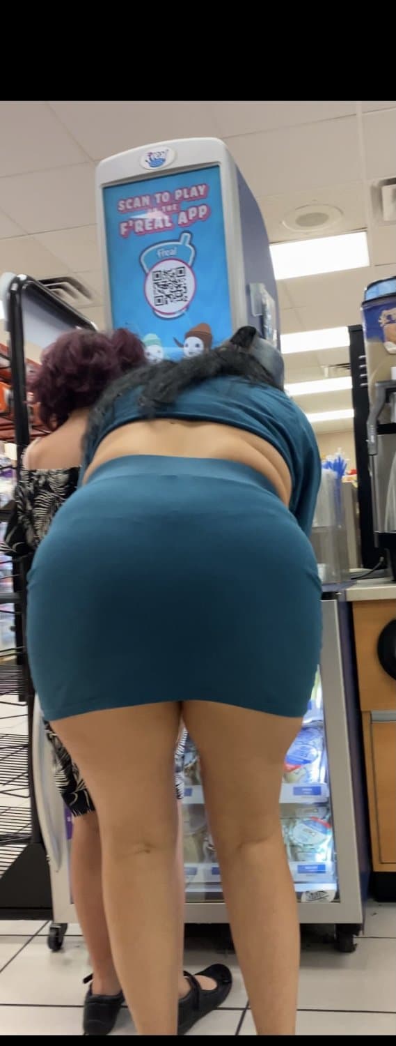 Blue Skirt Bend Over Store Candid