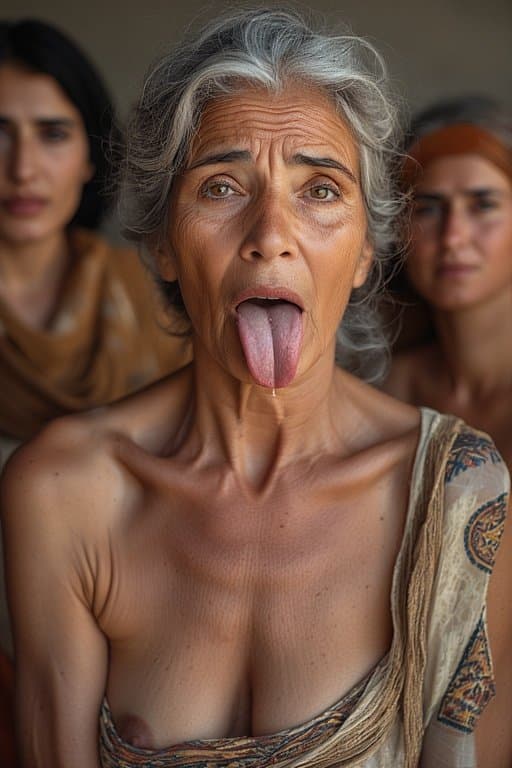 Prompt: Portrait of a 66 year old Iraqi Female/Woman  sticking Her tongue out saliva drippy from her