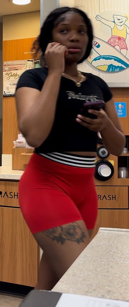 candid lightskin with jiggly ass in tight red booty shorts