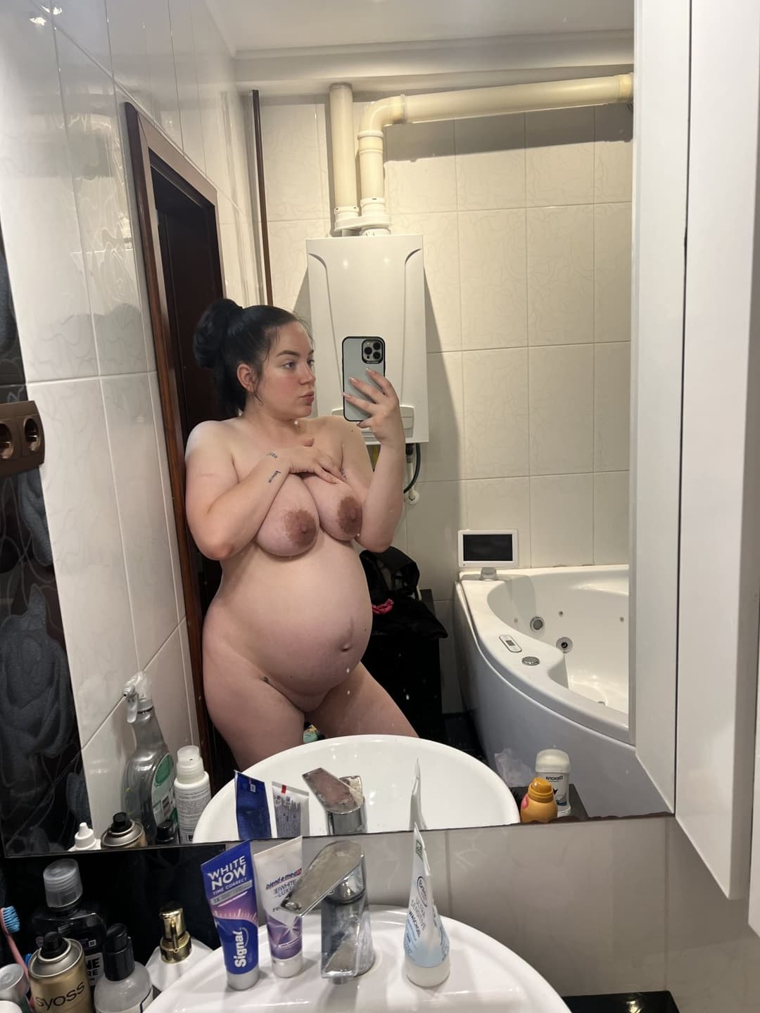 Pregnant Hungarian cheating wife Sophie showing off her saggy udders