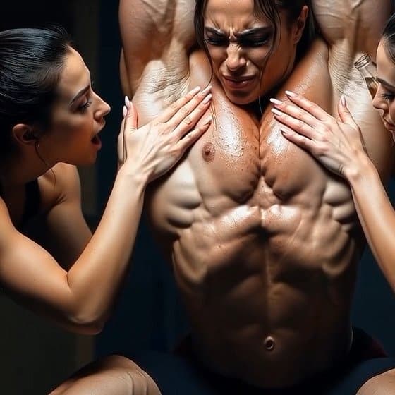 Lesbian champagne bodybuilding shower, pleasures of naked muscle worship