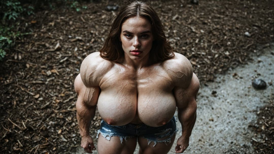 Outrageous bodybuilding nudism, naked hypertrophic muscles in the nature