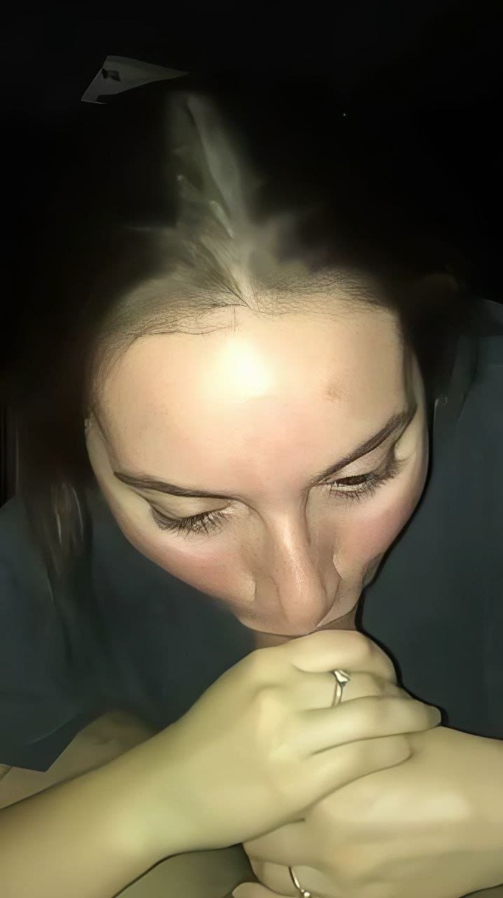 Horny brunette slut enjoys sucking his big cock in the car and sucking with her sister