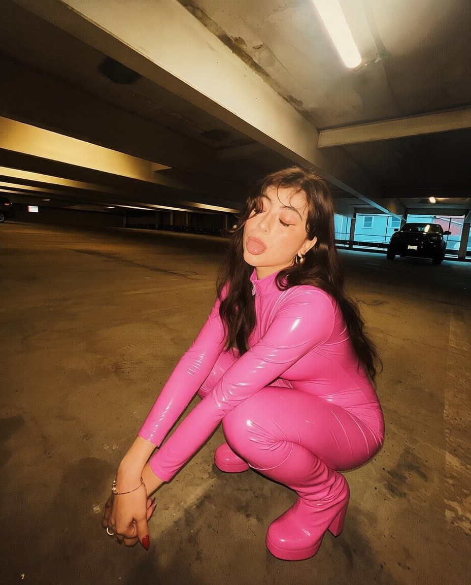 Twitch streamer thewildlatina in a pink vinyl catsuit