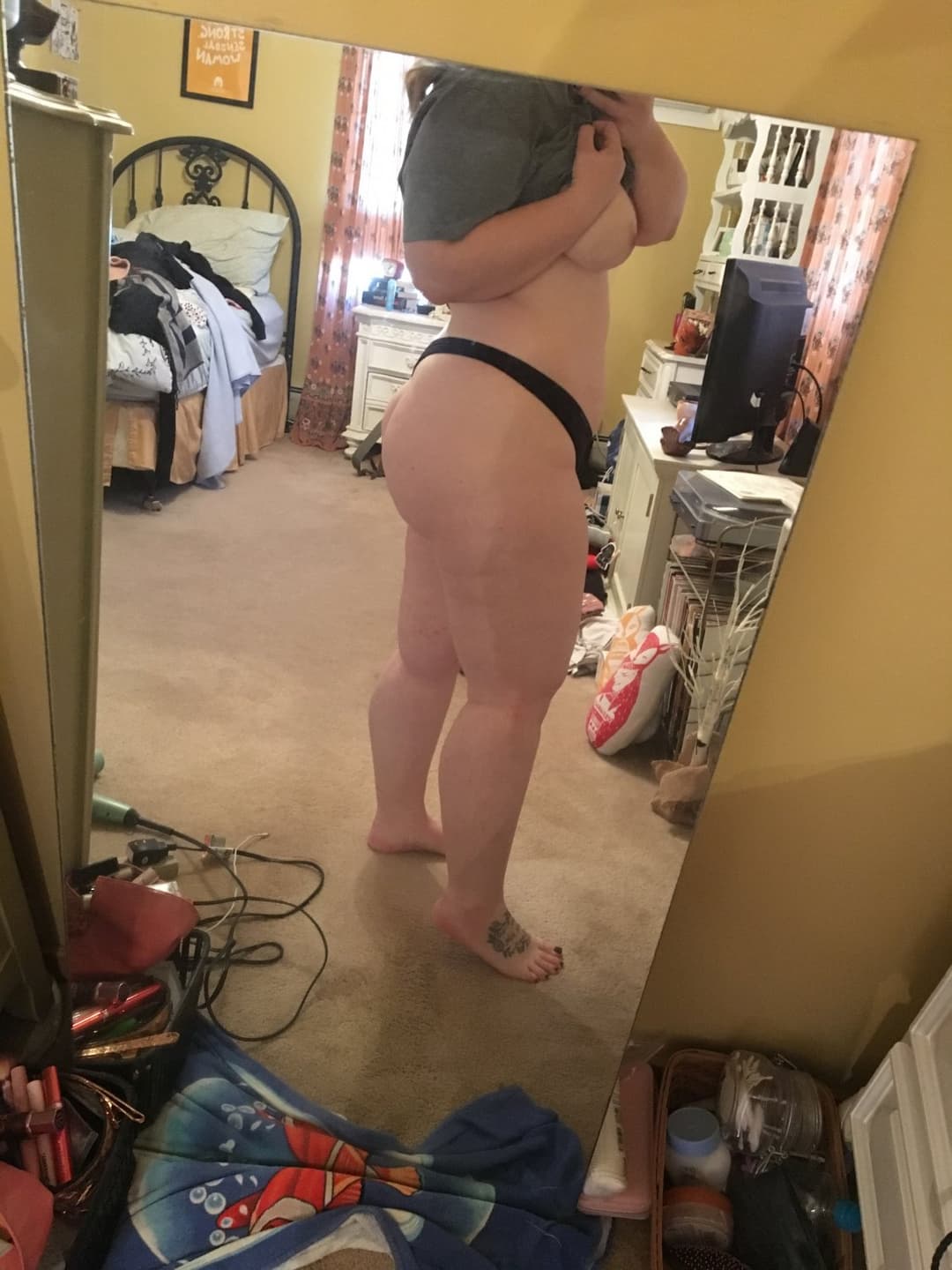 Chubby slut in black thong and underwear