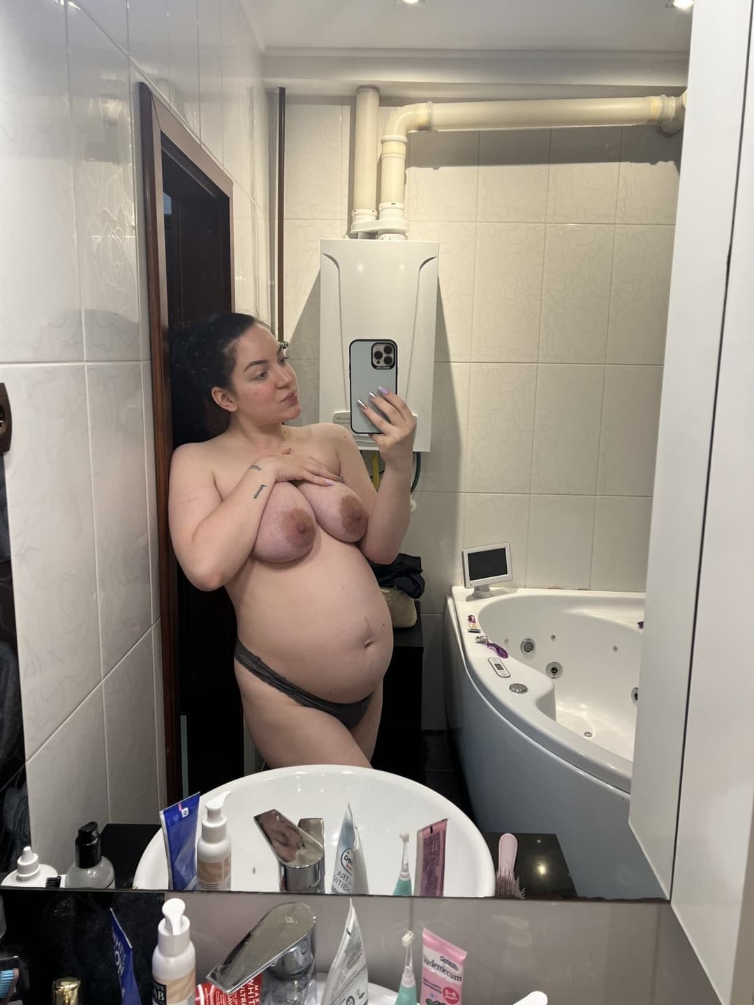 Cheating even while pregnant Hungarian wife Sophie showing off her saggy udders