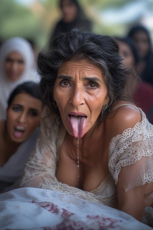 Prompt: Portrait of a 66 year old Iraqi Female/Woman  sticking Her tongue out saliva drippy from her