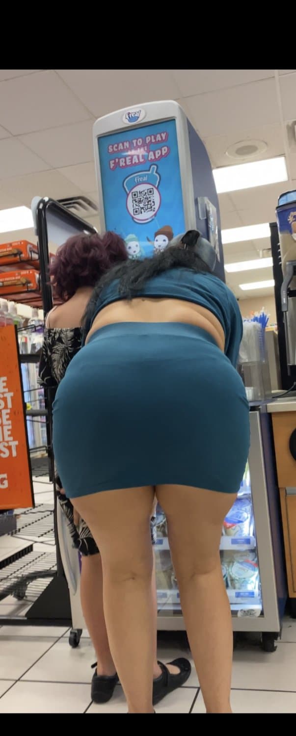 Blue Skirt Bend Over Store Candid