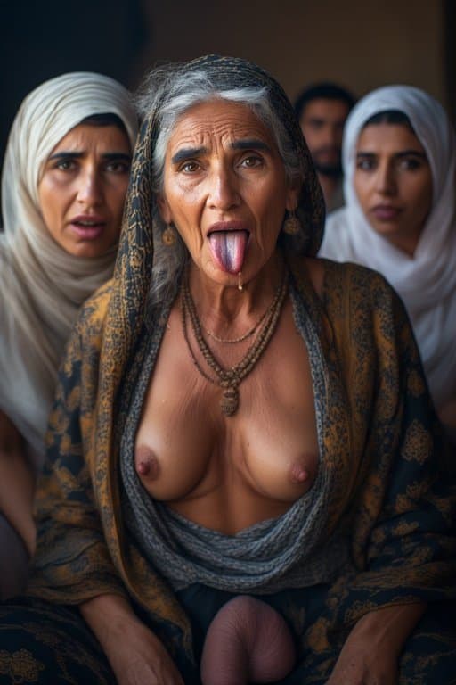 Prompt: Portrait of a 66 year old Iraqi Female/Woman  sticking Her tongue out saliva drippy from her