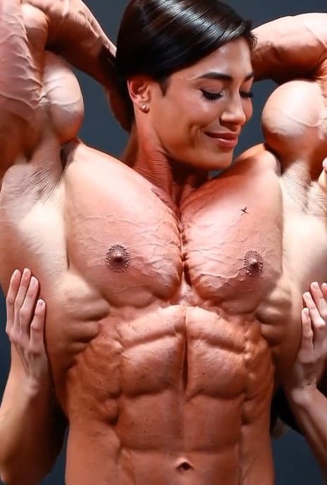 Wild lesbian orgy around her naked roided muscles