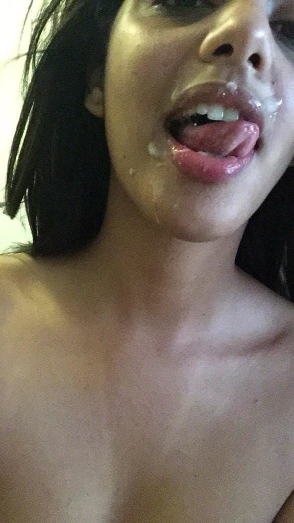 Brazilian brunette spreads her  pussy sucks and eats cum