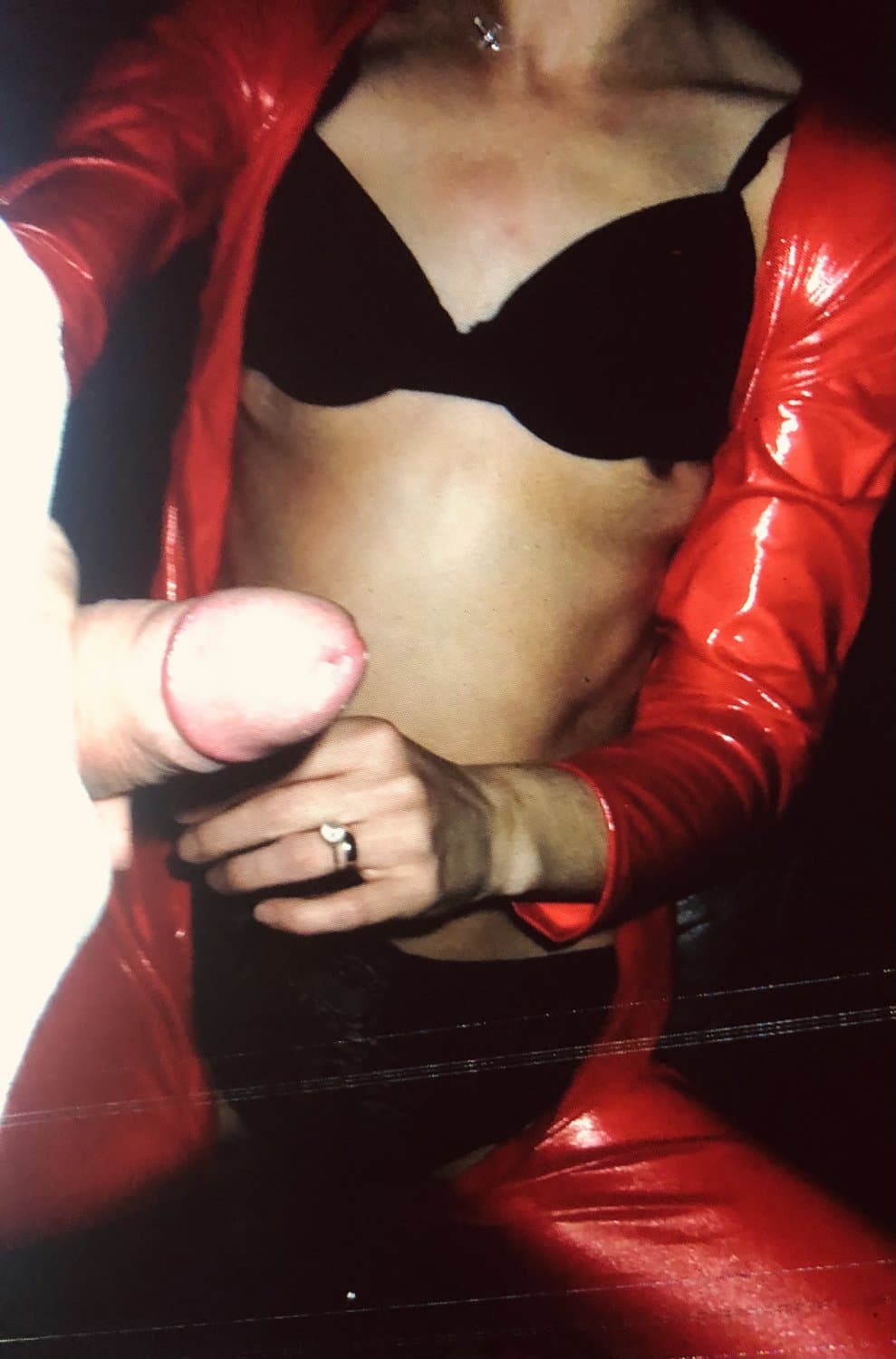 English milf in red pvc cat suit and black high heels  . uk milf in  Black lace panties pussy play