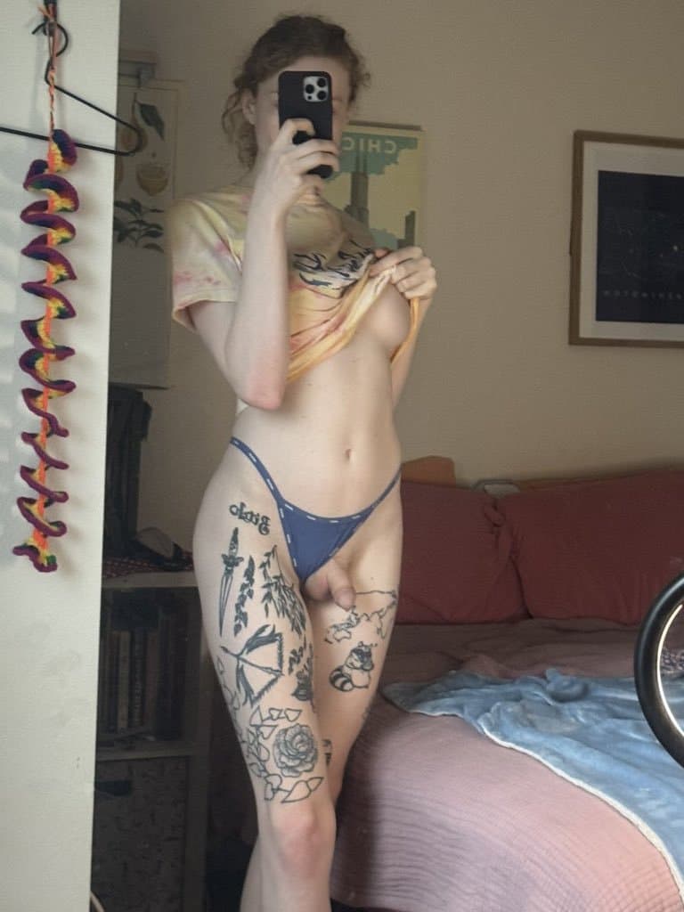 Cute ginger tranny girl shows her juicy fat cock