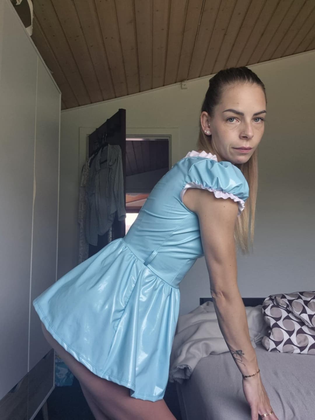 GF in baby blue vinyl dress