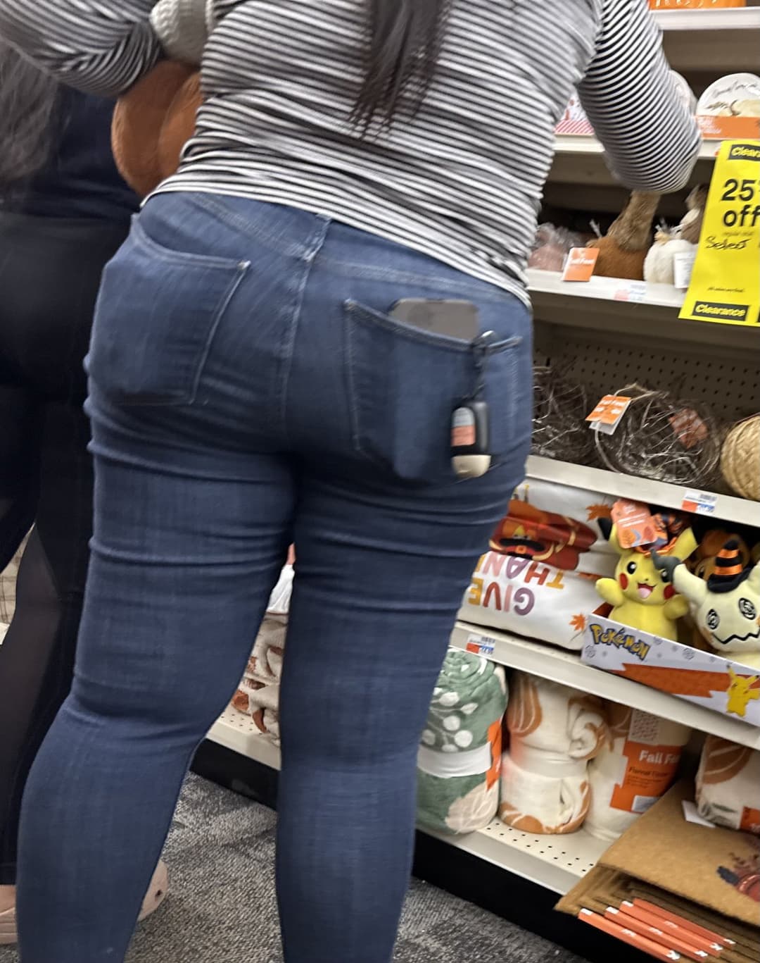 Mother in blue jeans  & Daughter in black tights.