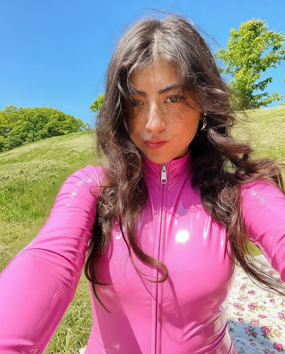 Twitch streamer thewildlatina in a pink vinyl catsuit