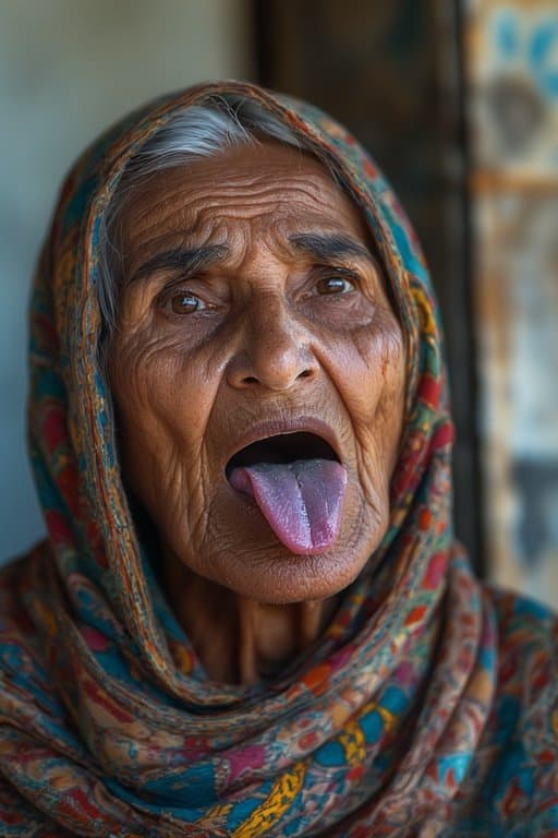 Prompt: Portrait of a 66 year old Iraqi Female/Woman  sticking Her tongue out saliva drippy from her