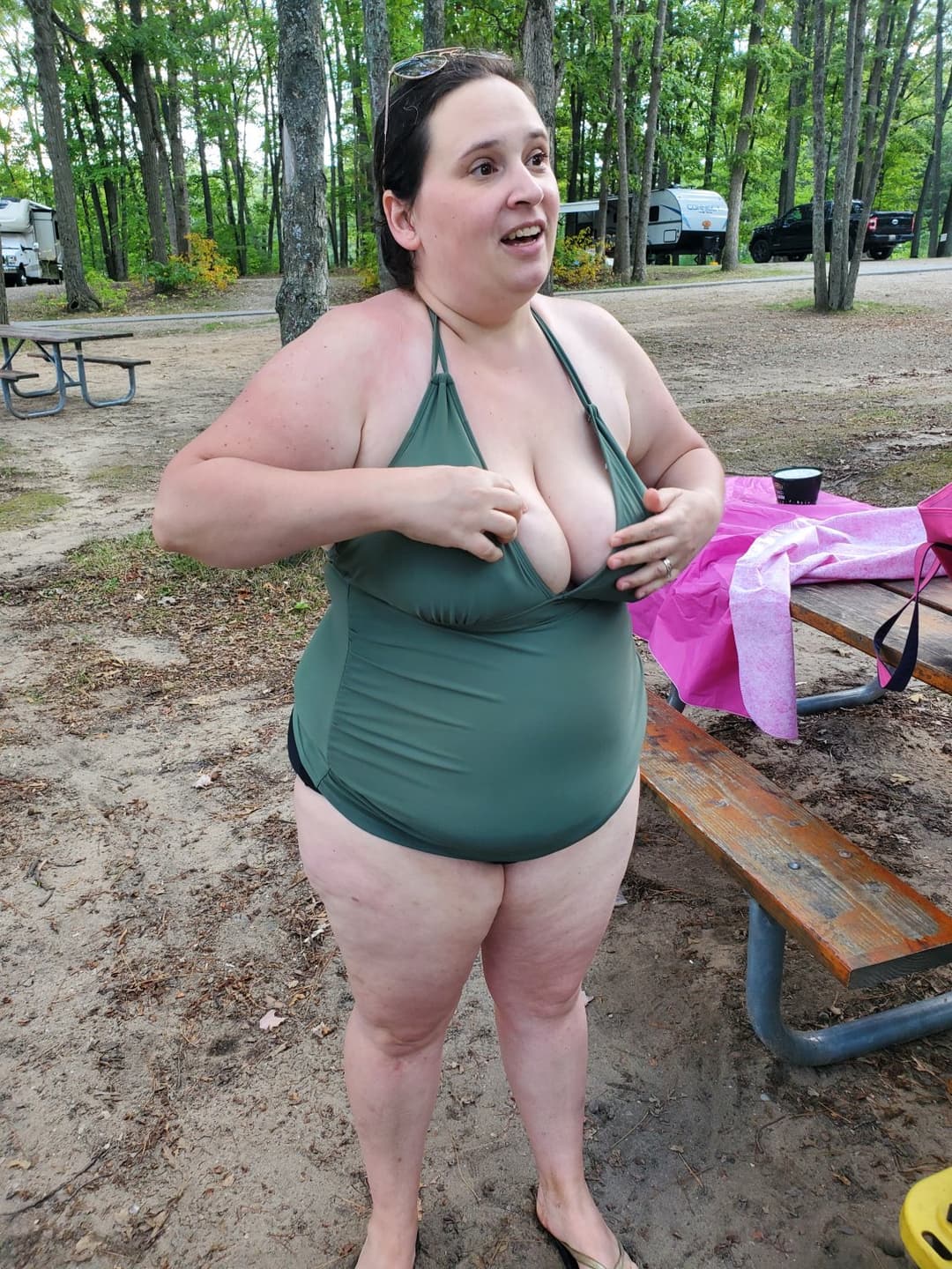 Click to view full size Camping MILF wife flashing
