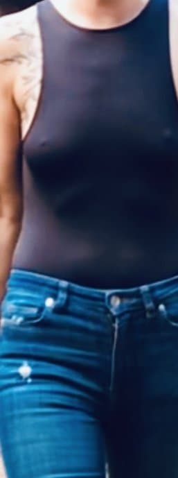 Uk petite milf bra less wearing sheer see through vest English biker milf tattoos