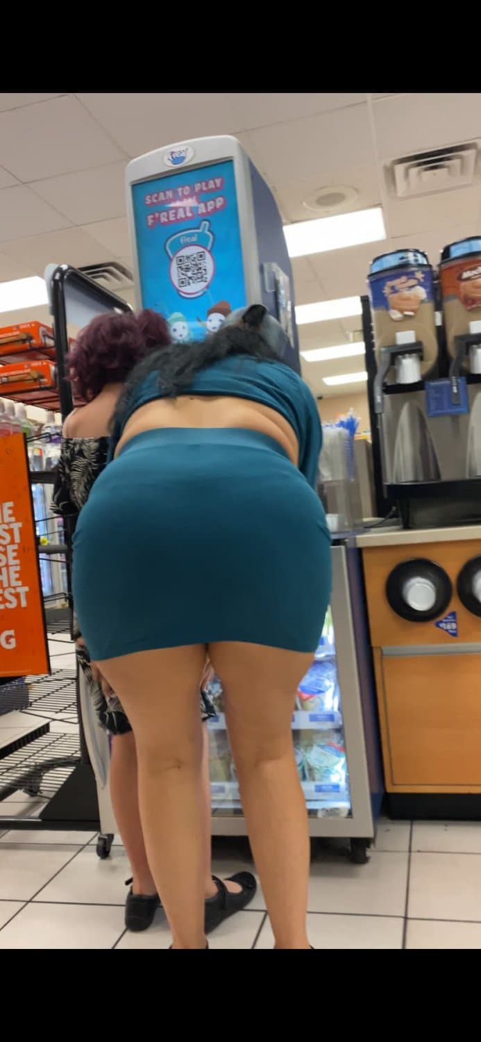 Blue Skirt Bend Over Store Candid