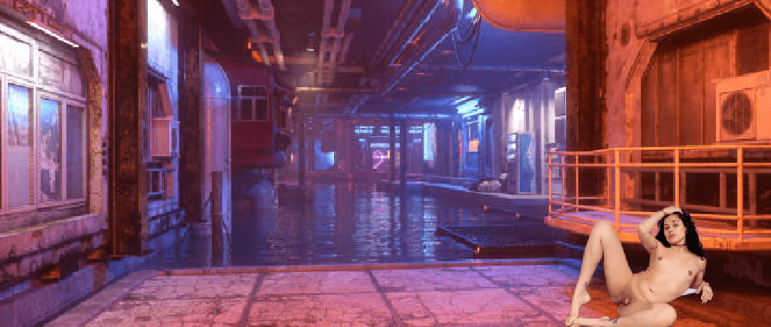 Latina TS Alisia Rae In Cyberpunk City Urban Scene Around Canal At Night