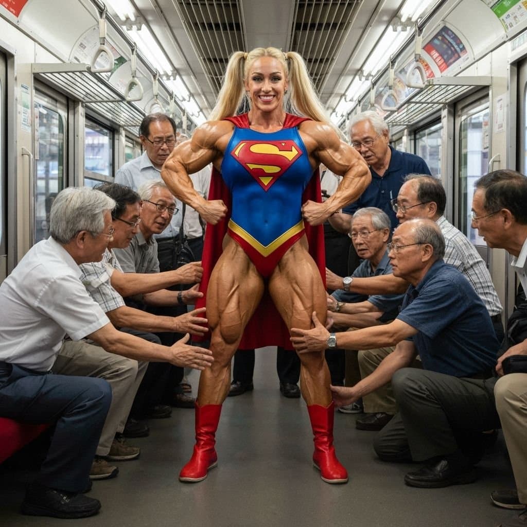 Supergirl at Tokyo! Supergirl em Tóquio! Female Muscle! Asian males and white female!