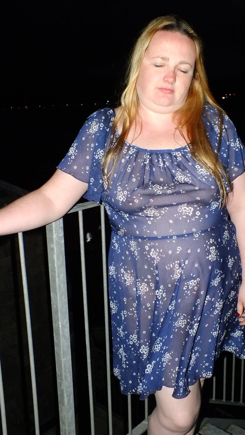 WALKING THROUGH HOTEL IN ONLY A TRANSPARENT DRESS