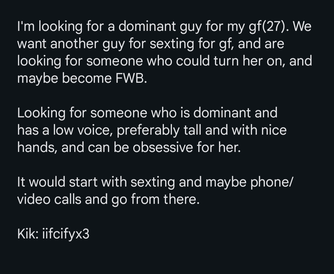 Looking for a dominant good looking guy for gf