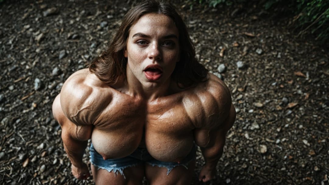 Outrageous bodybuilding nudism, naked hypertrophic muscles in the nature