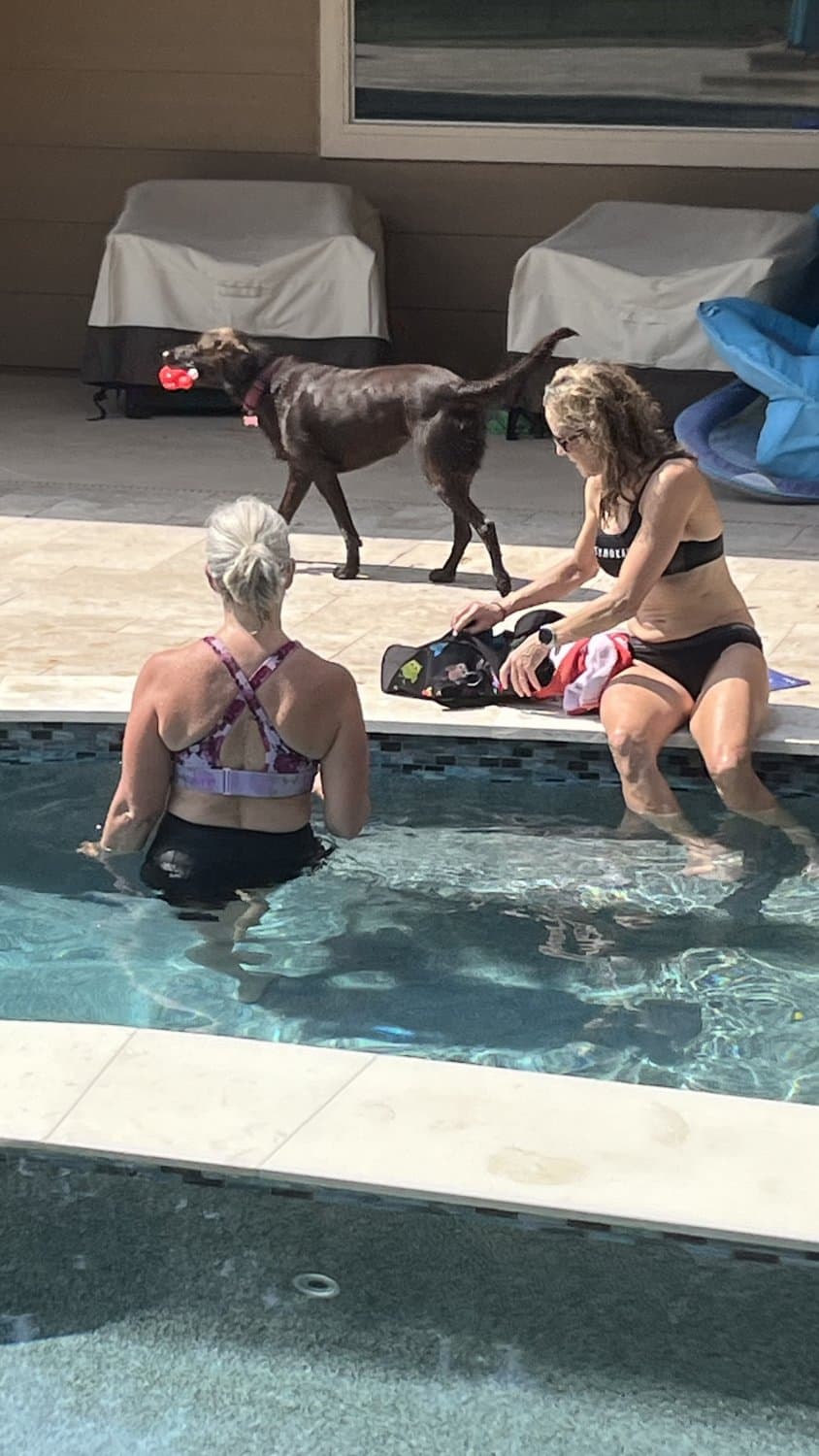 Wife’s hot little friend/GILF takes a dip in the pool after some cycling
