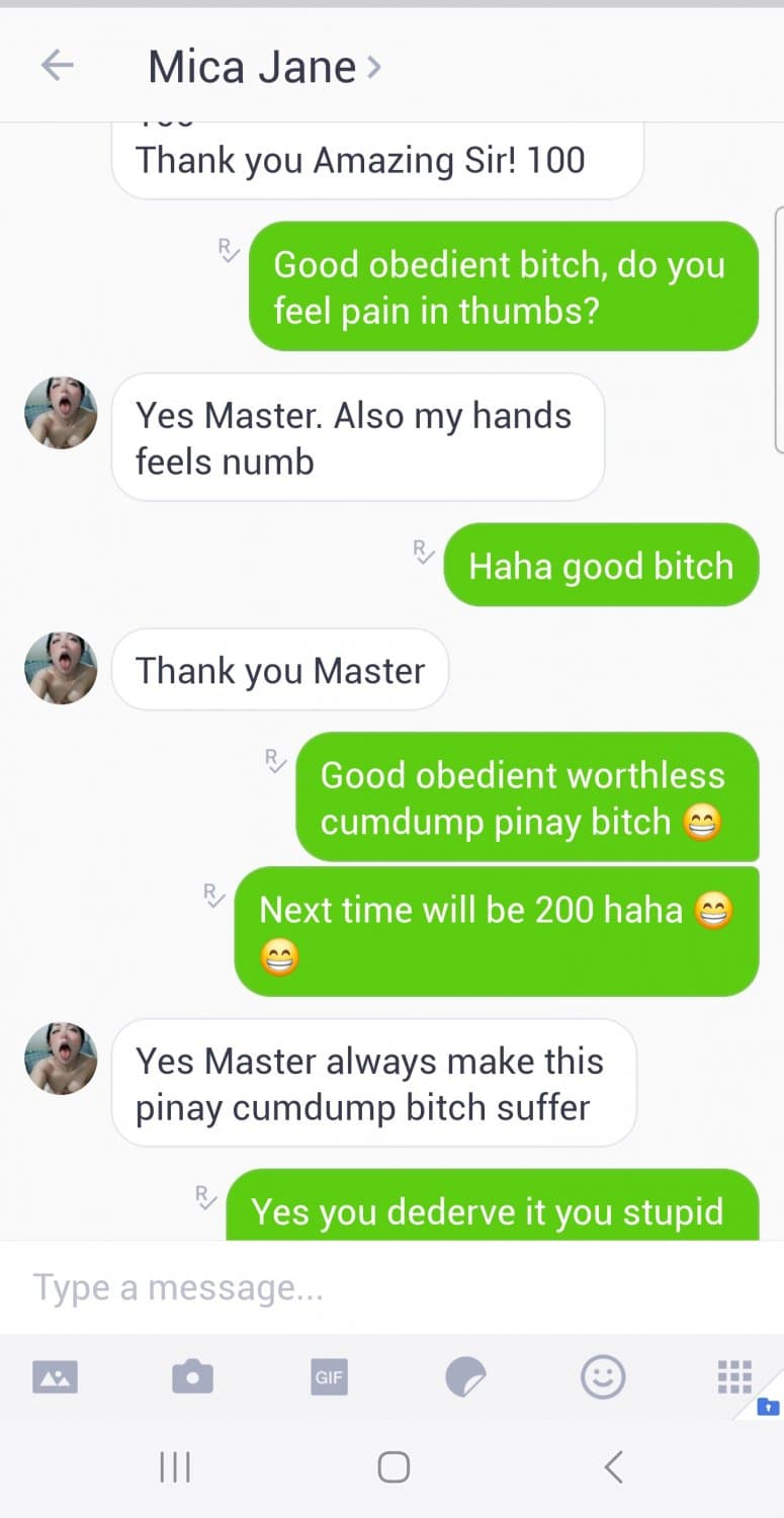 Srupid worthless pinay cumdump bitch Mica doing degrading task on my command ! ?