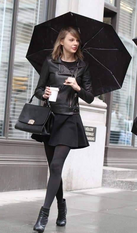 Taylor Swift tight black leather jacket outfit