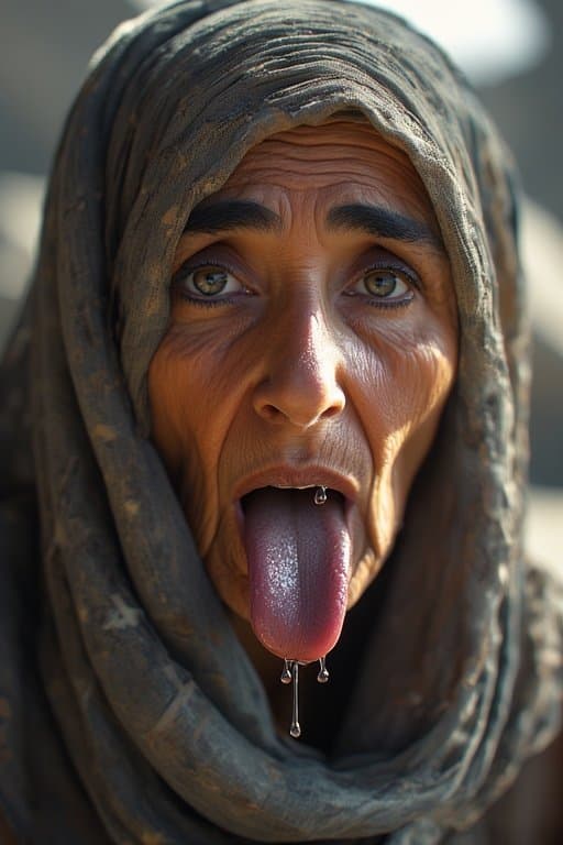 Prompt: Portrait of a 66 year old Iraqi Female/Woman  sticking Her tongue out saliva drippy from her