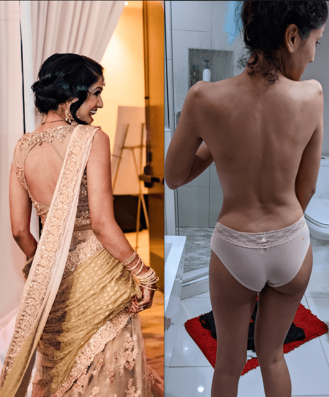 My sexy, slim Desi slut wife, showing off her tight body, toned belly, firm ass, and perky tits