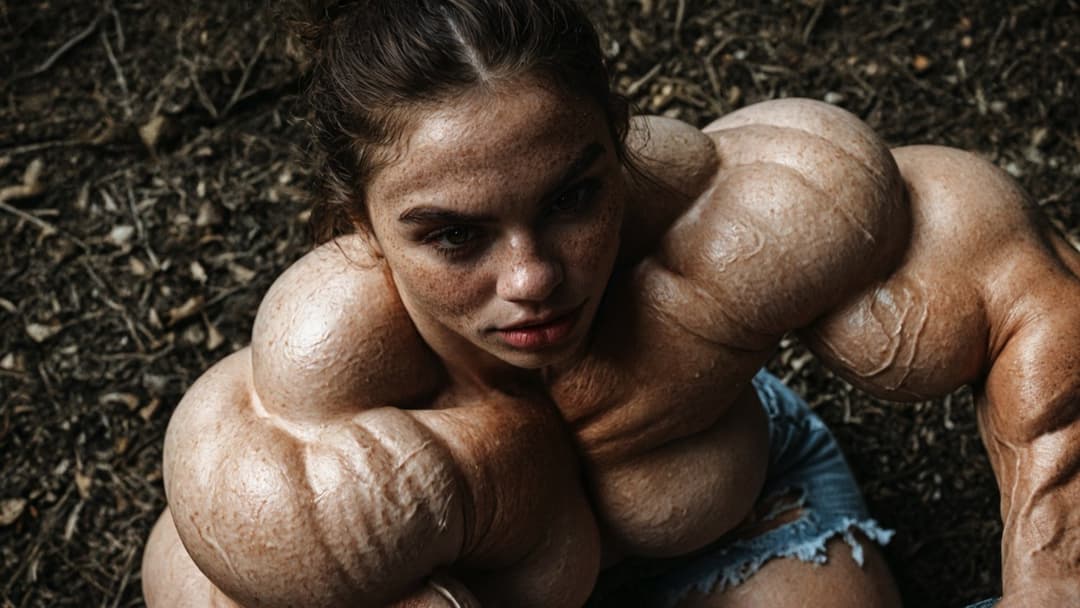 Outrageous bodybuilding nudism, naked hypertrophic muscles in the nature