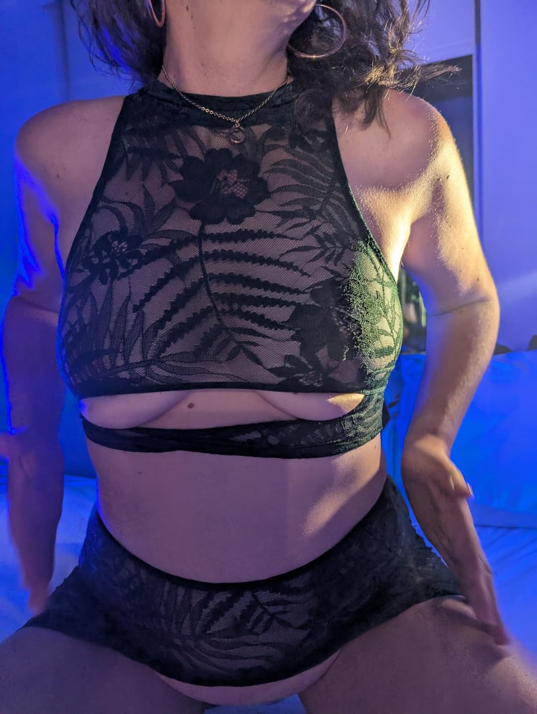 Click to view full size Dirty Blonde hotwife showing tits and ass with her new lingerie while smoke