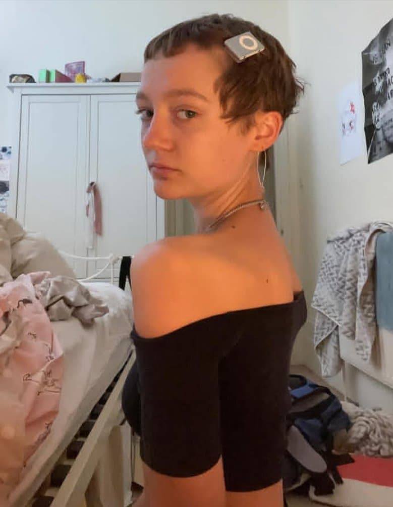 Click to view full size Pretty Girl is made to cut her hair and strip, crying cumslut