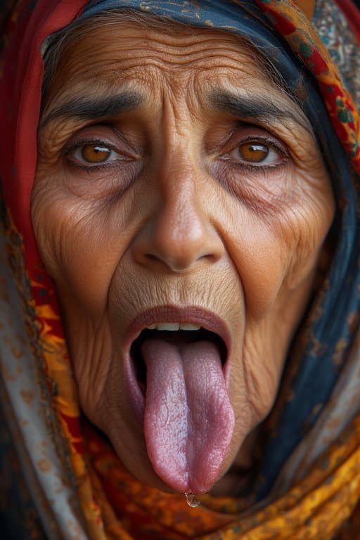 Prompt: Portrait of a 66 year old Iraqi Female/Woman  sticking Her tongue out saliva drippy from her