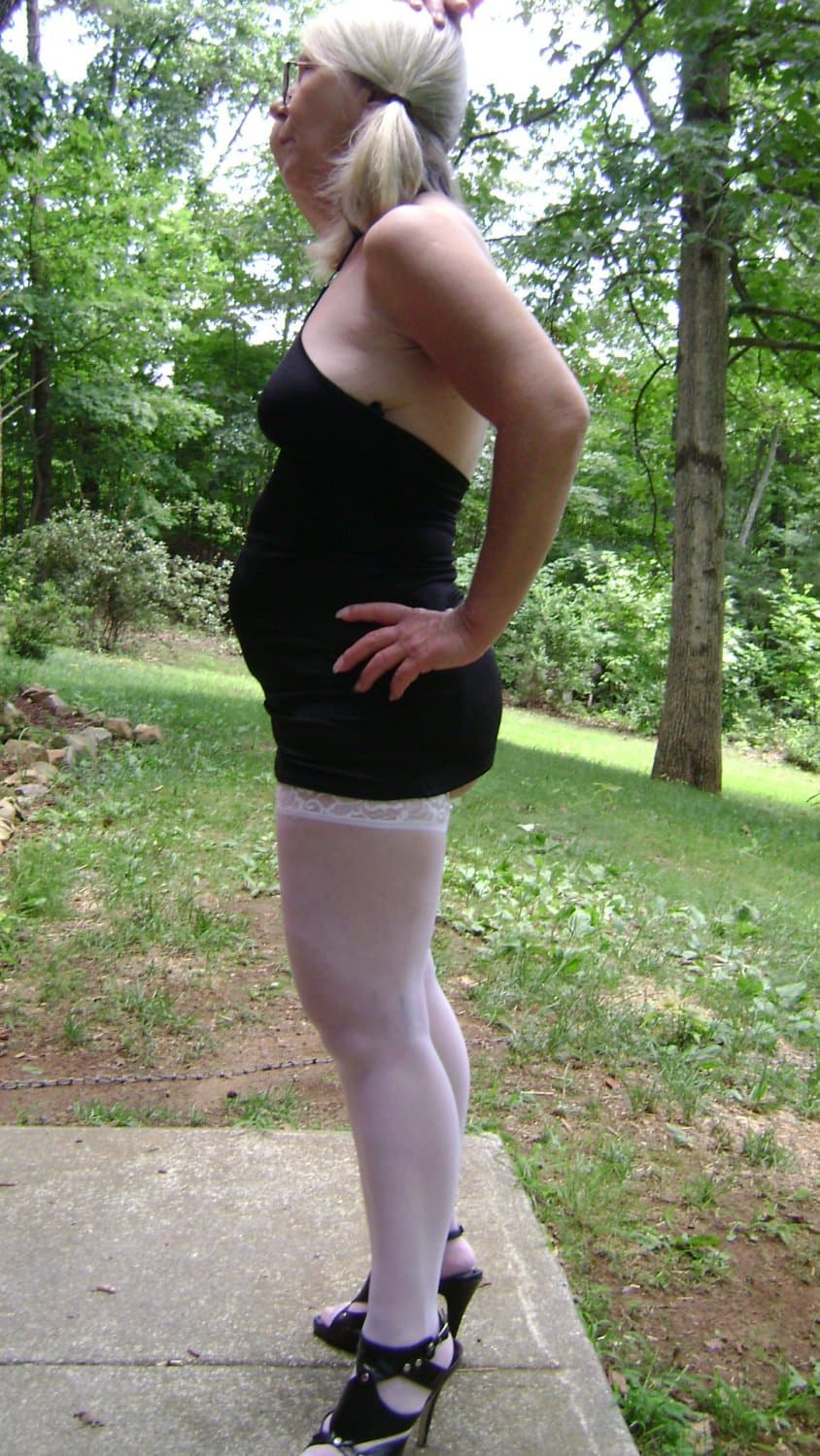 Granny Ellen in her Little Black Dress with White Stockings and Heels, with Pigtails
