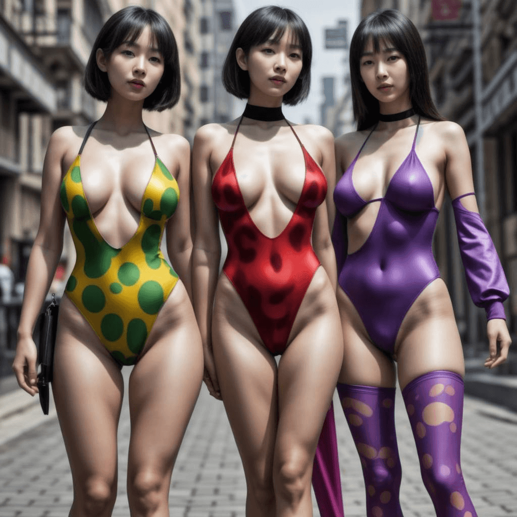 row of korean girls, colorfull pattern swimsuit, marked vagina cammeltoe,